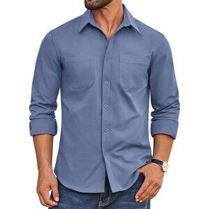 Coofandy Men Blue Button Down Untucked Long Sleeve Woven Shirt with Pockets